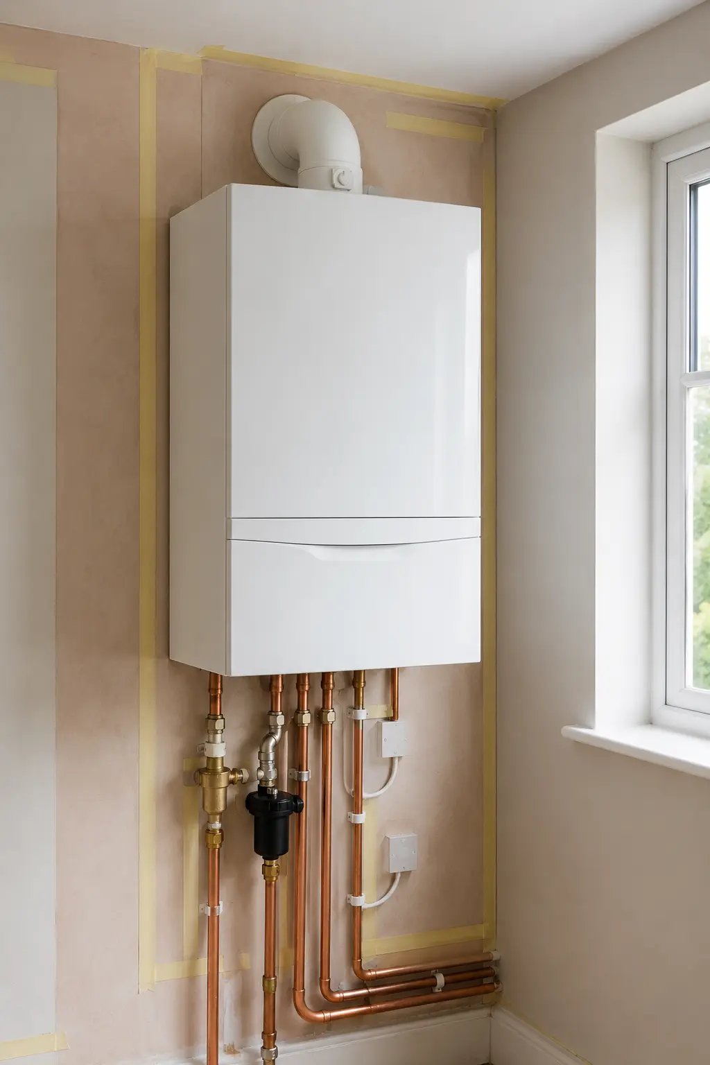 Fresh boiler installation with the wall still masked in low-tack tape