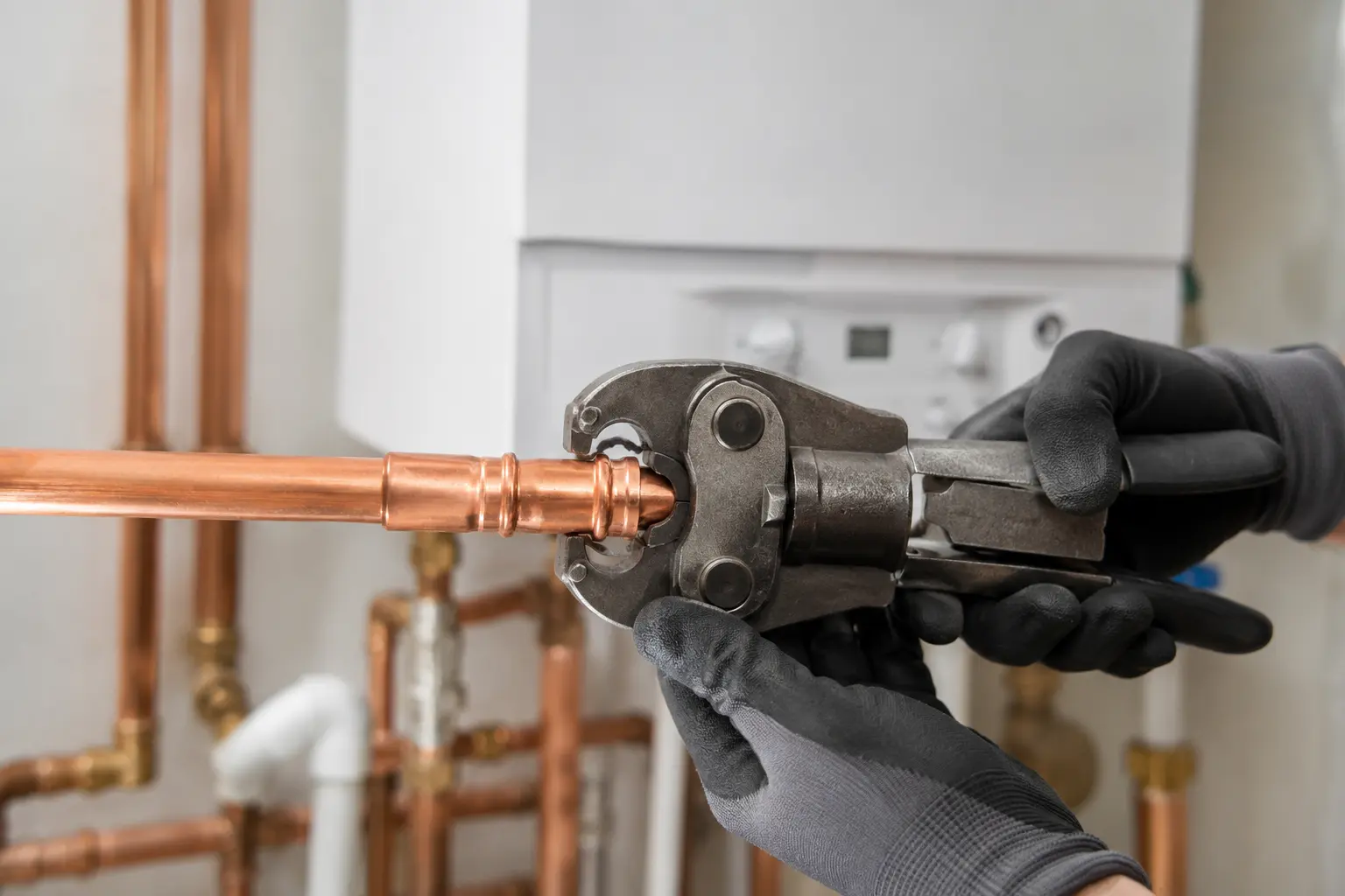 Plumber press-fitting a copper joint on a heating system