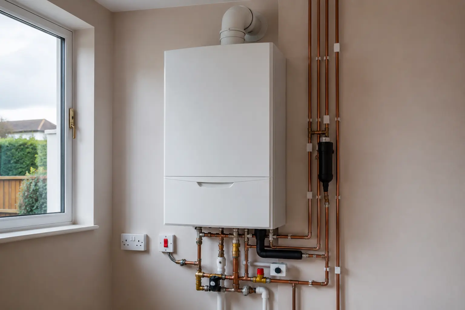 Finished system boiler installation with neatly labelled pipework
