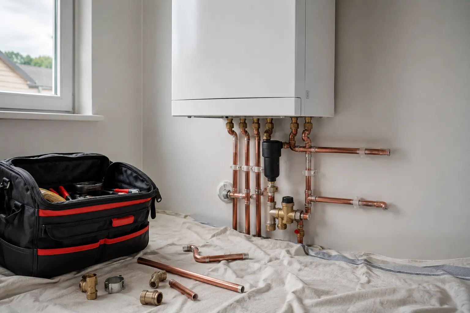 Plumber’s tool bag open at the foot of a job