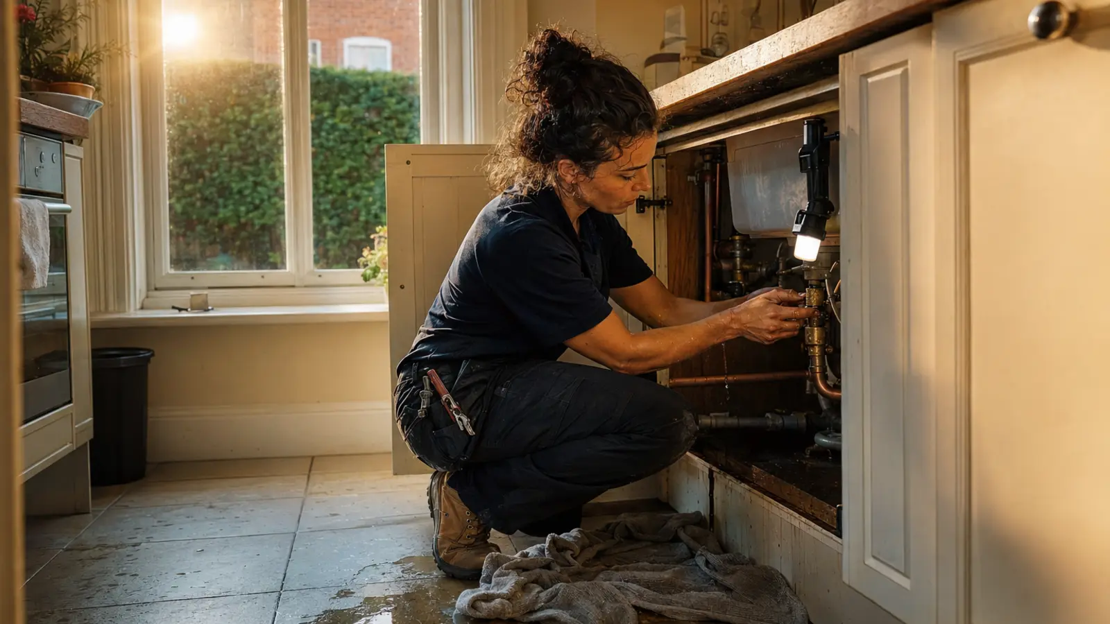 Emergency plumber isolating a burst pipe at an Irish home