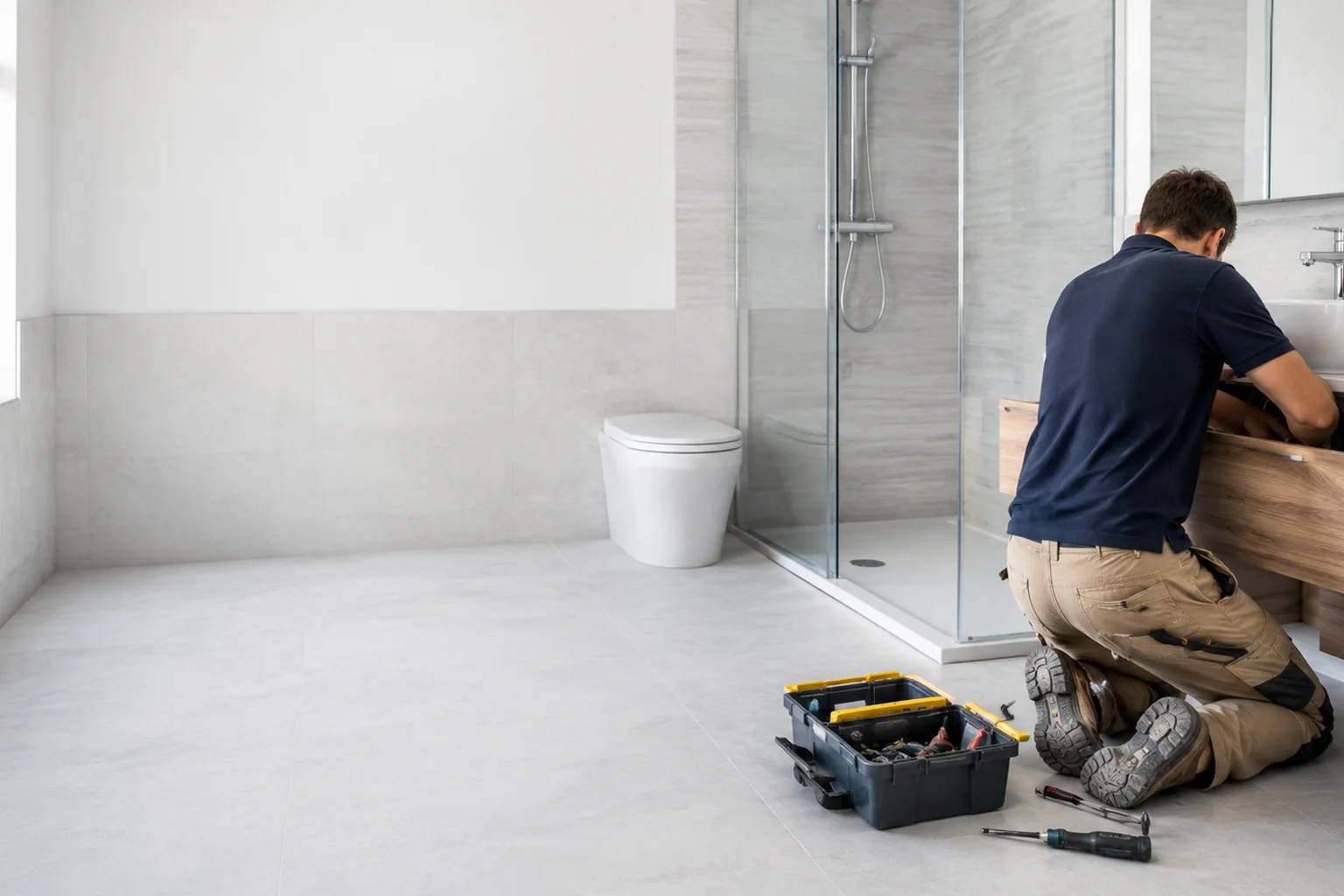 Plumber connecting a new bath and basin during a bathroom installation in Ireland
