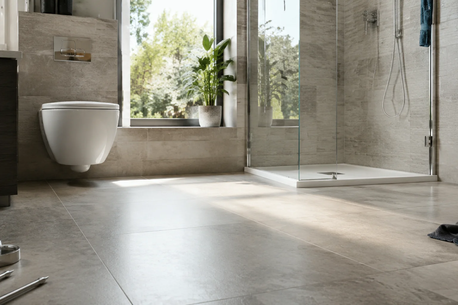 Wet-room floor tanked and graded to the drain in a home in Carlow