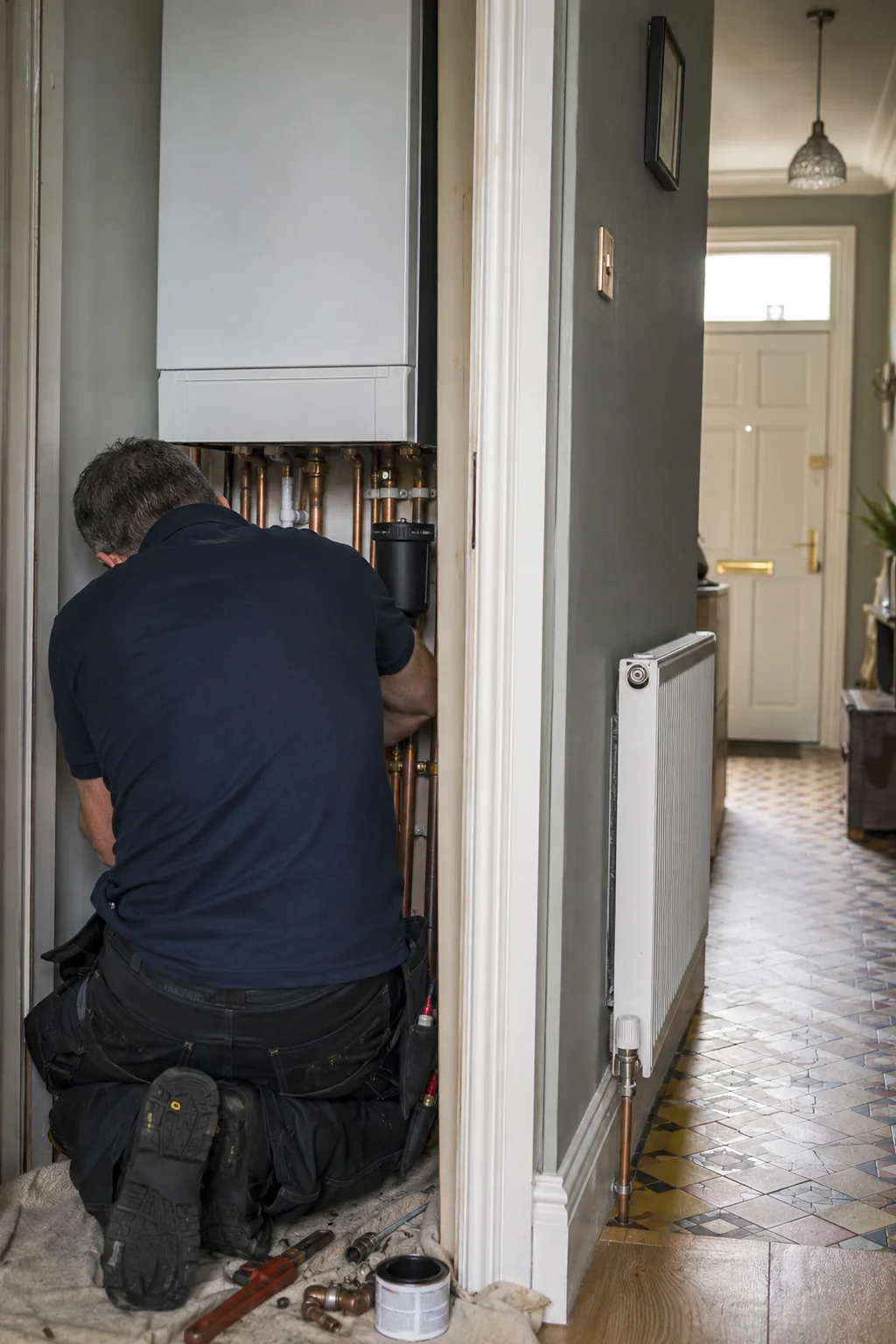 Fresh central heating installation with radiator and pipework in place