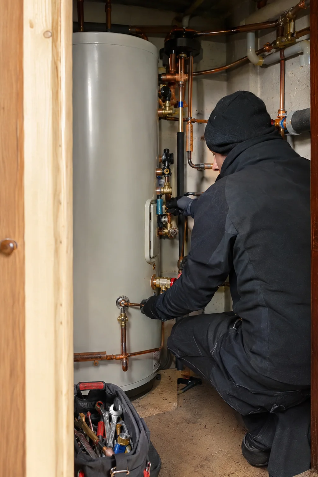 Plumber working on a hot water cylinder replacement in Dublin