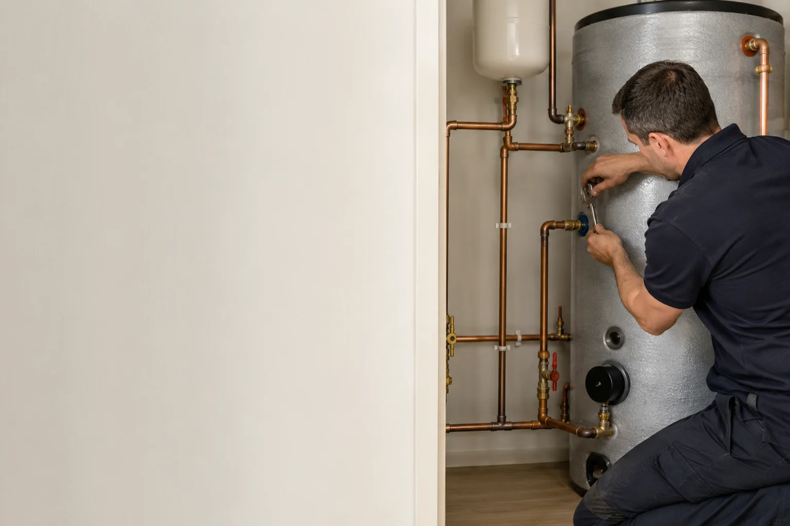 Plumber working on a hot water cylinder replacement in Cork