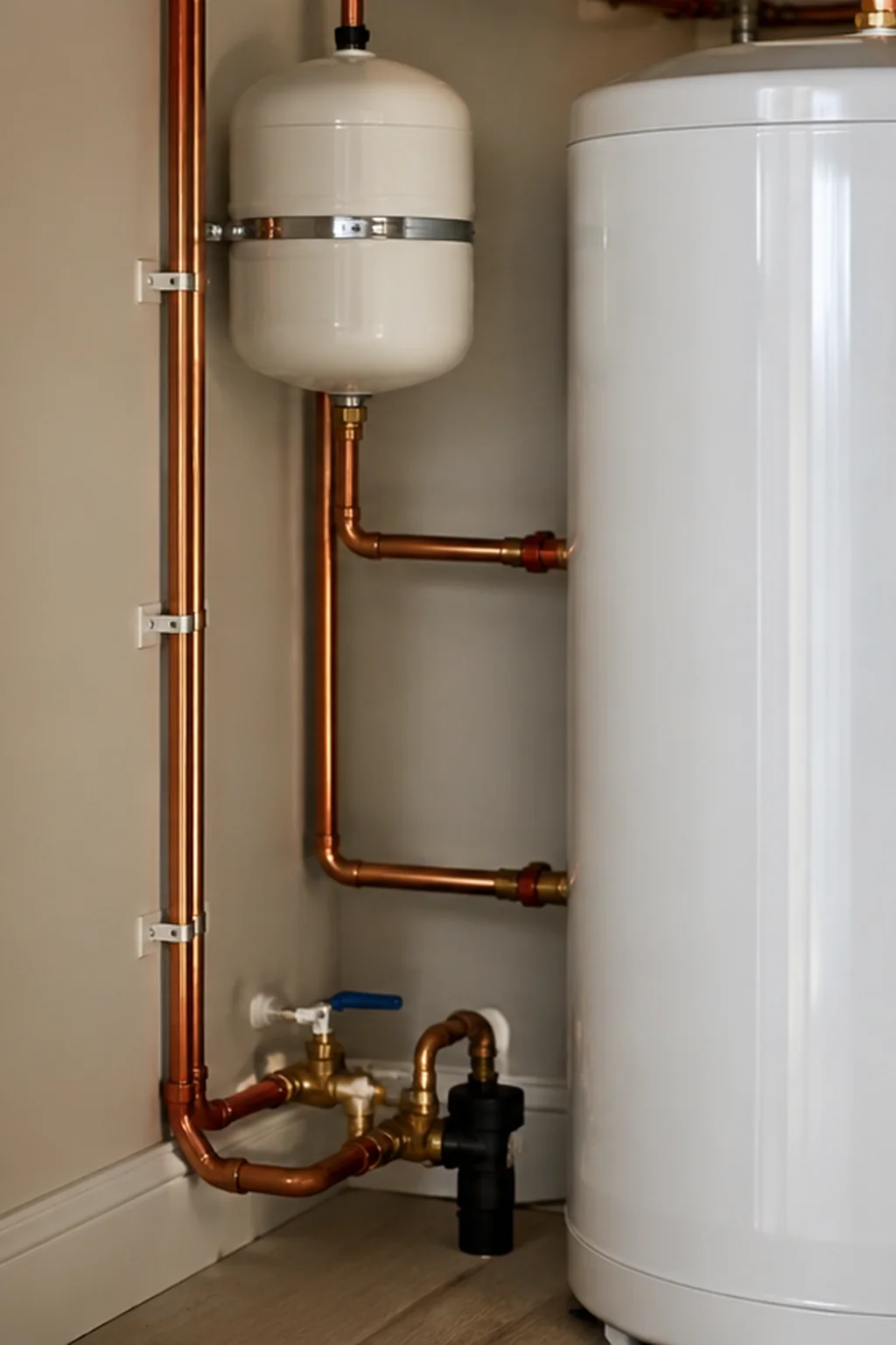 Copper pipe run to a hot water cylinder during an installation