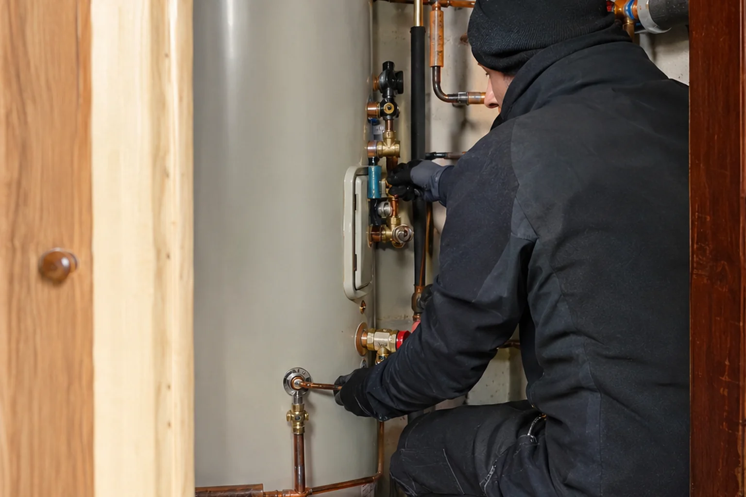 Open tool bag beside a hot water cylinder mid-installation