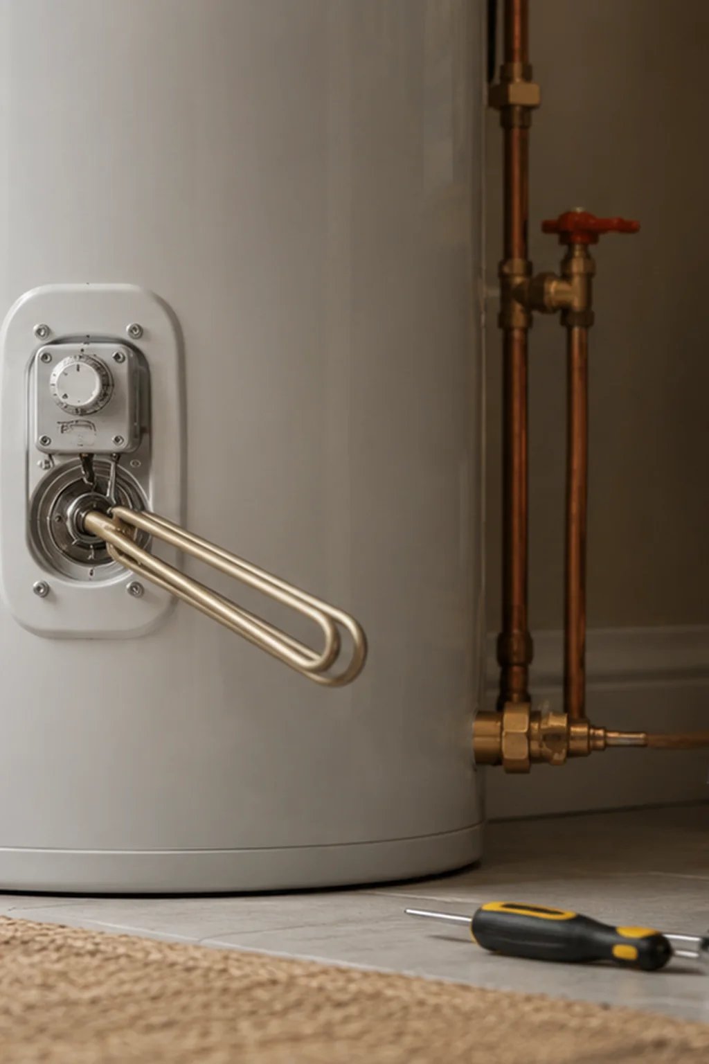 Immersion element and thermostat ready to fit to a hot water cylinder