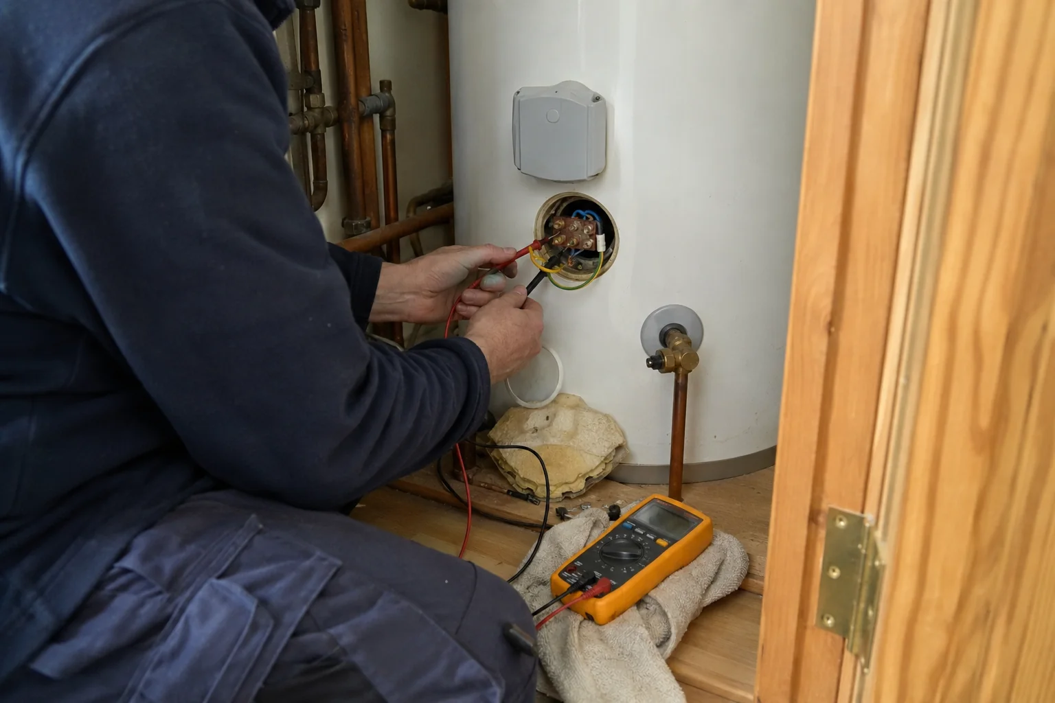 Plumber fitting a new immersion element in Limerick