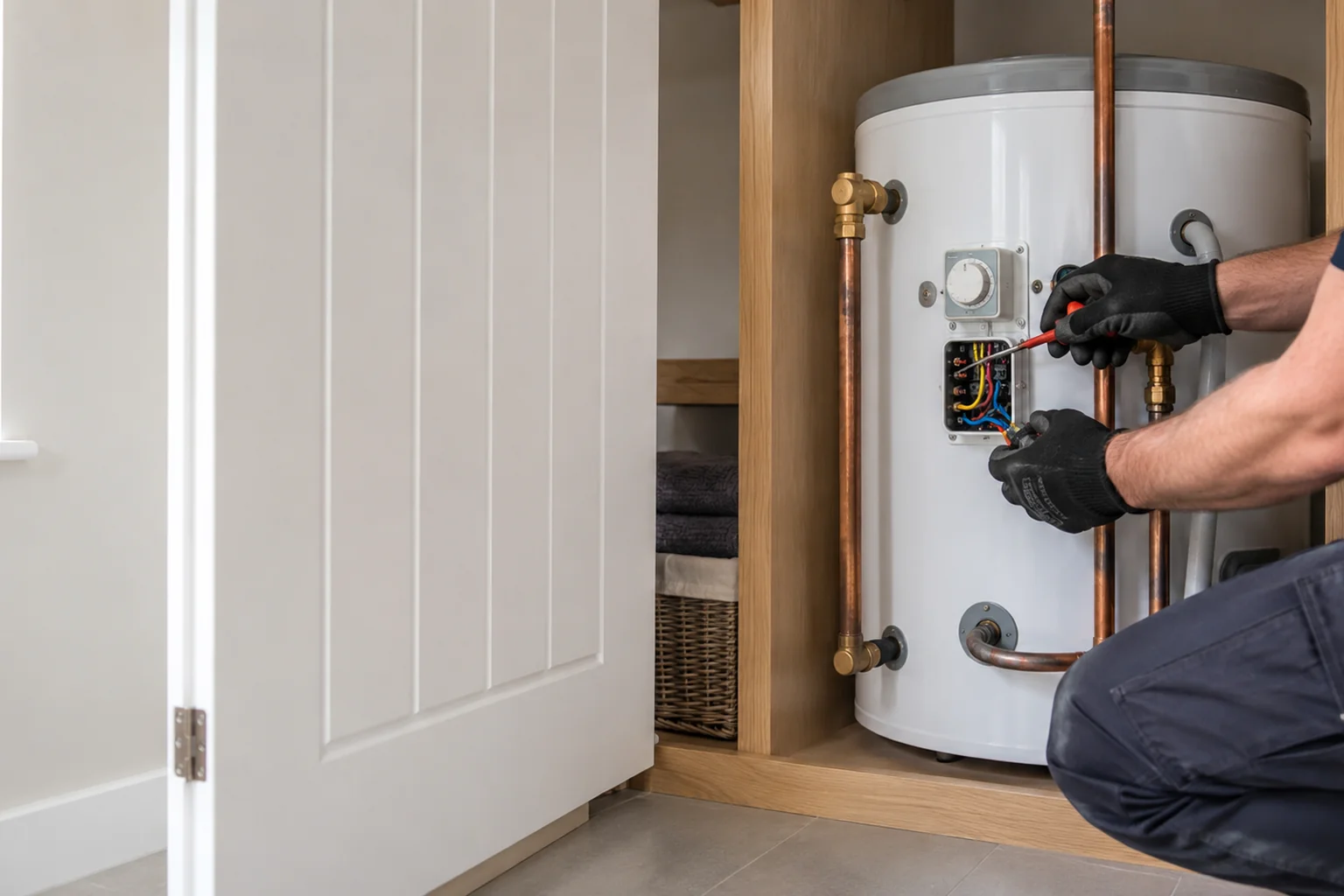 Plumber draining a cylinder before an immersion element replacement
