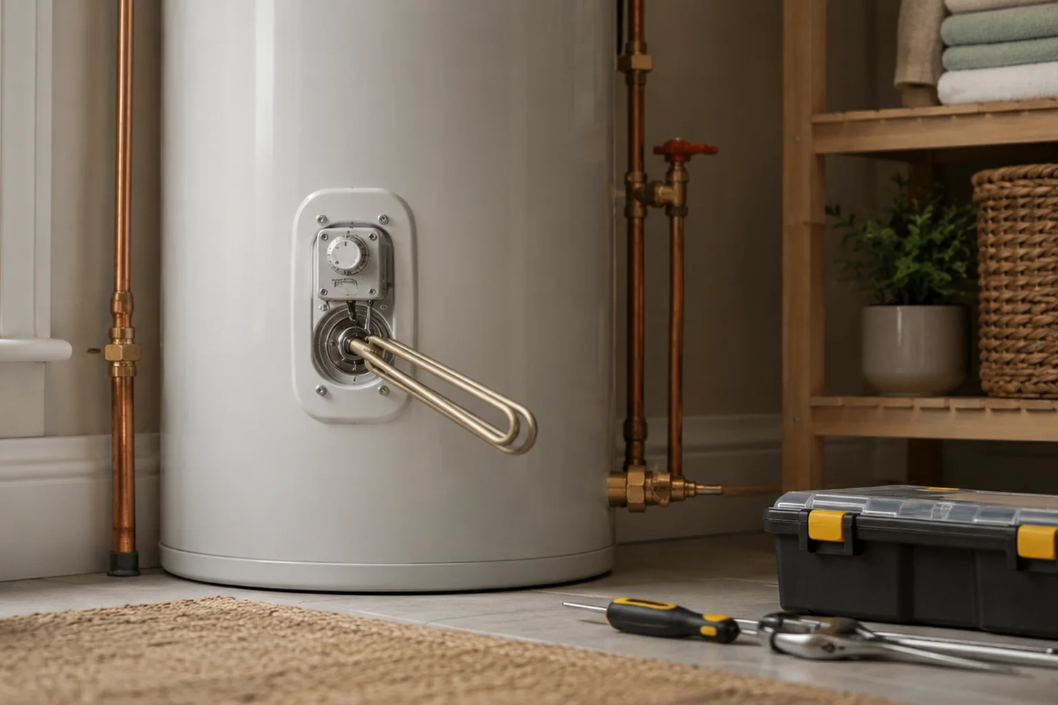 Hot water cylinder being drained before immersion work in Cavan