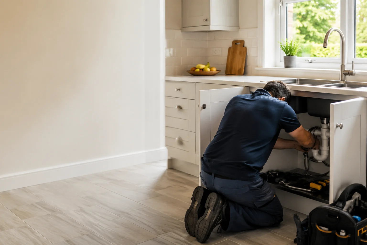 Plumber connecting a mixer tap under a new kitchen sink in Ireland