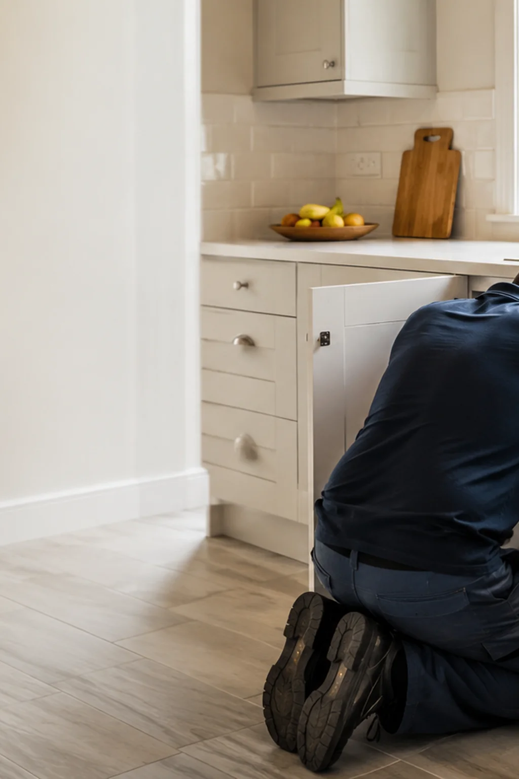 Plumber fitting a new kitchen sink and tap in a home in Mayo