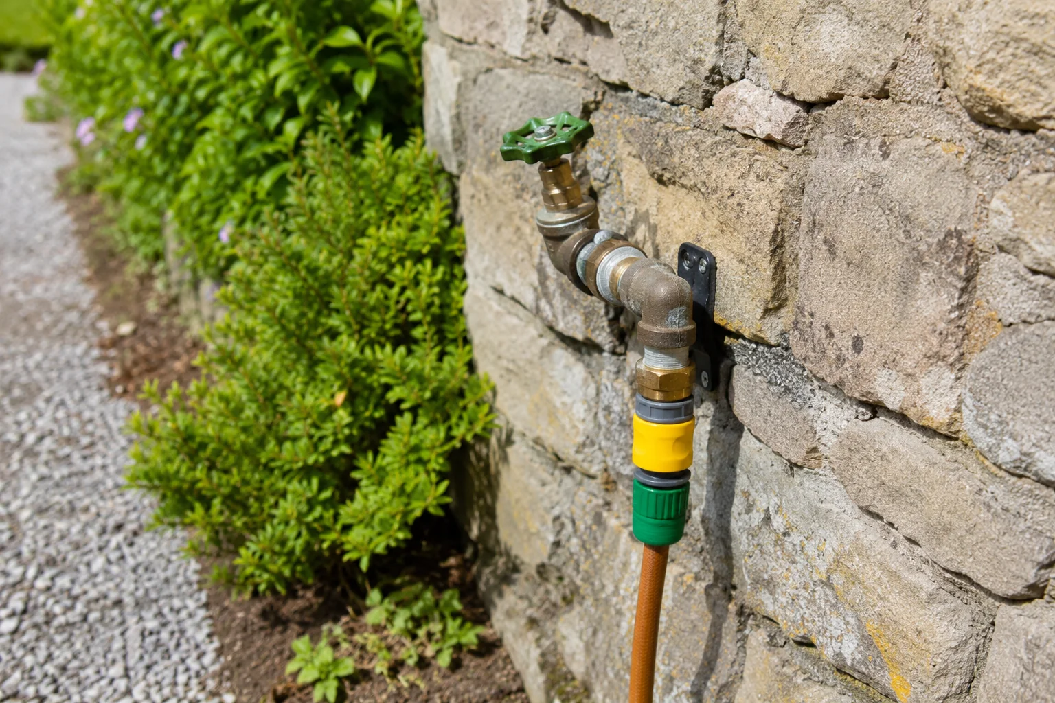 Newly fitted outdoor tap with the wall still masked in low-tack tape