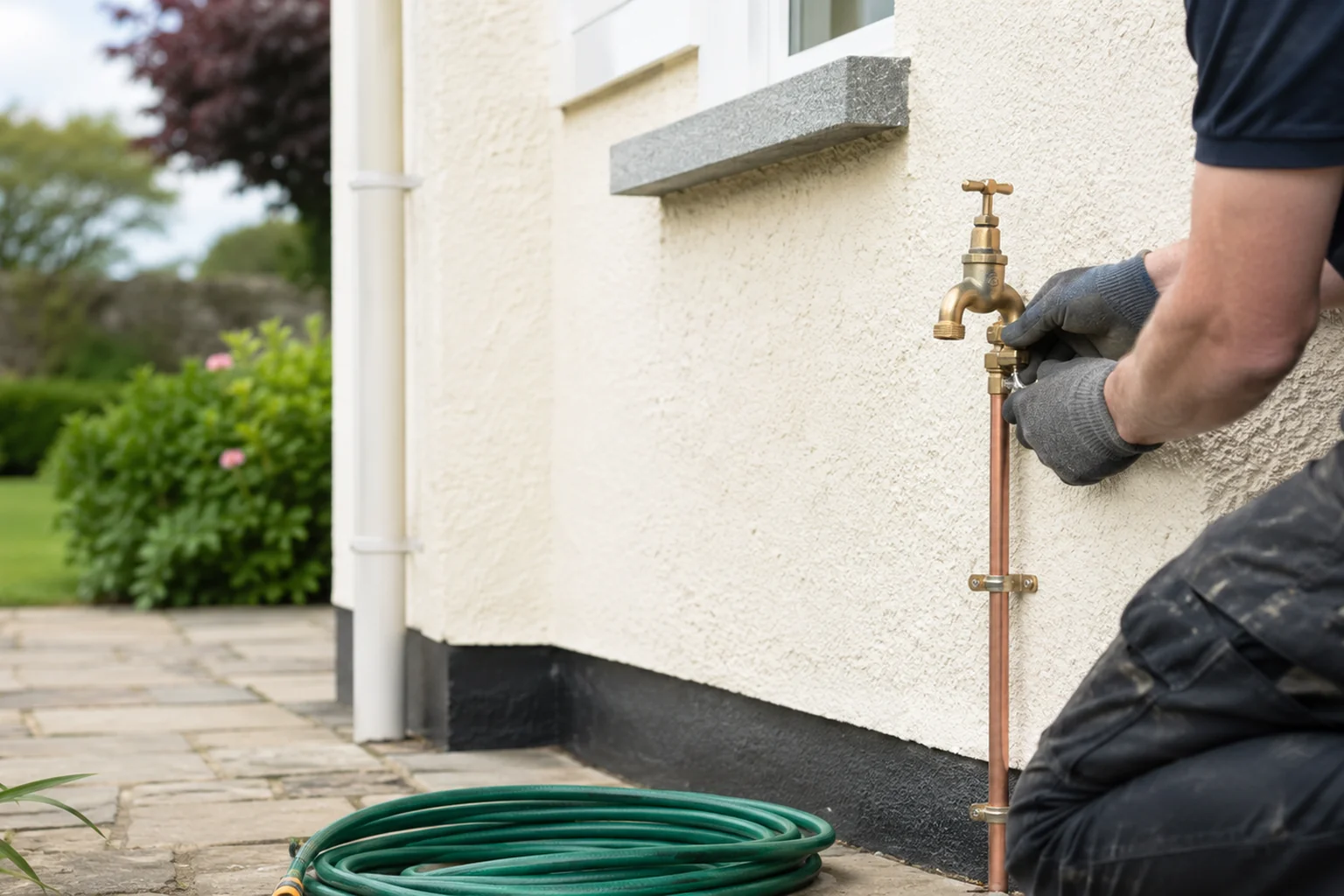 Plumber fitting a garden tap through an external wall in Ireland