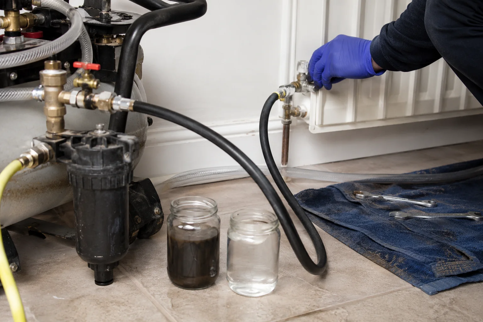 Plumber running a power flush on a heating system in Clare