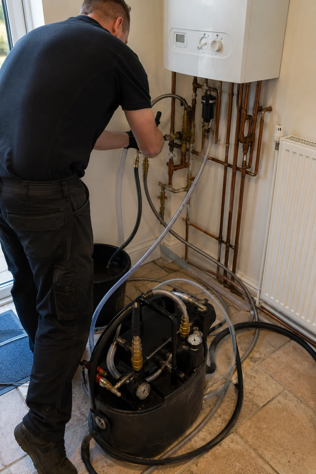 Plumber cleaning a central heating system in an Irish home