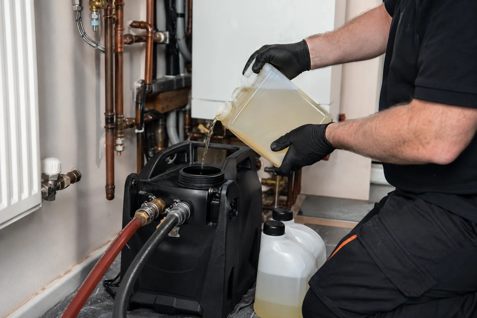 High-flow flushing machine connected to a central heating system in an Irish home