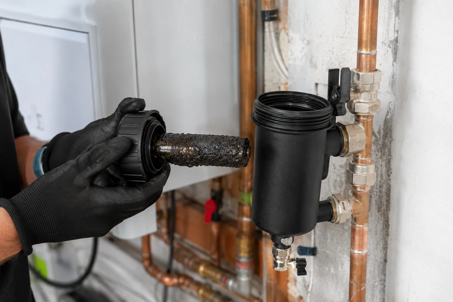 Magnetic filter fitted to the return pipe of a boiler in an Irish home