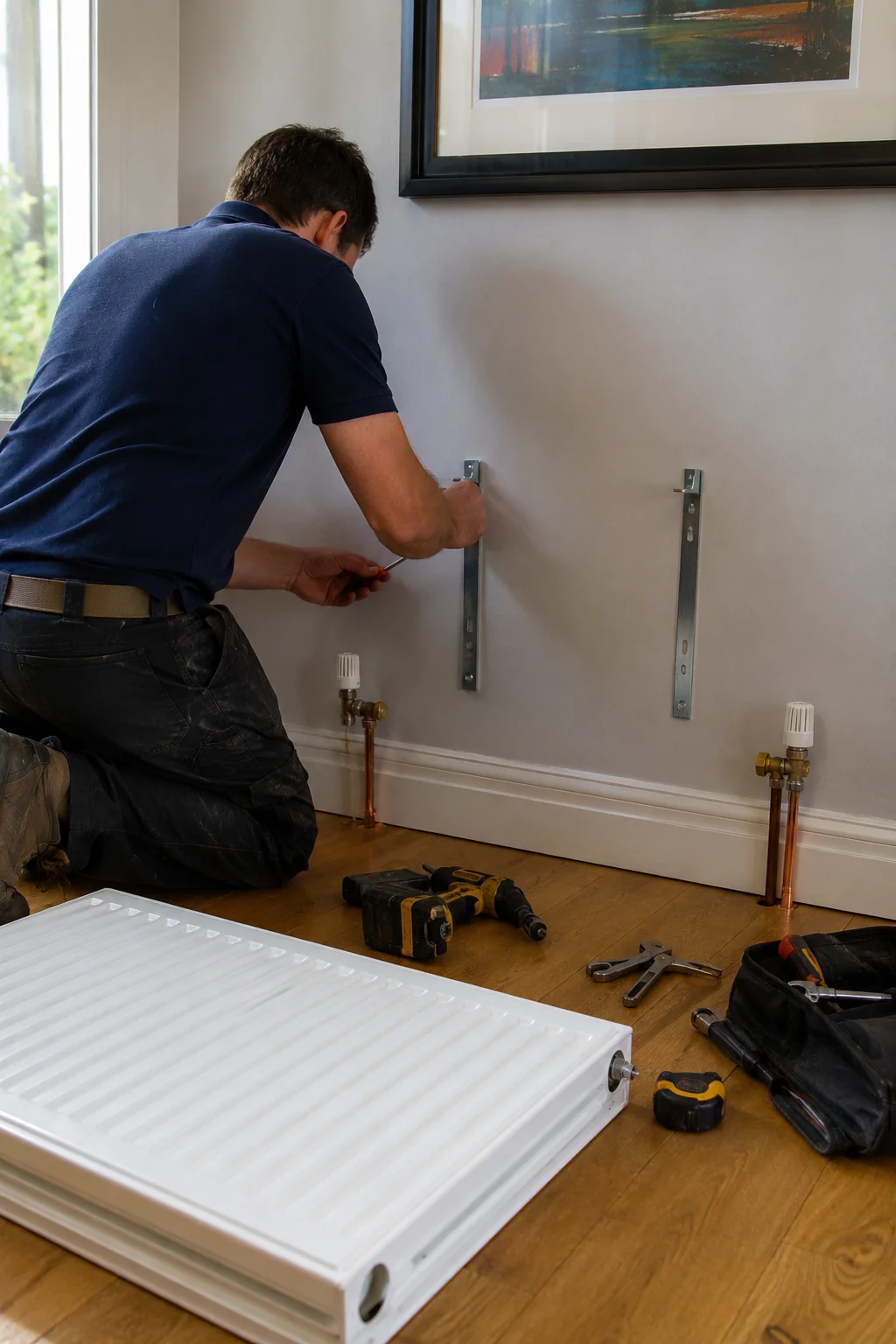 Plumber fitting a new radiator during a replacement in Carlow