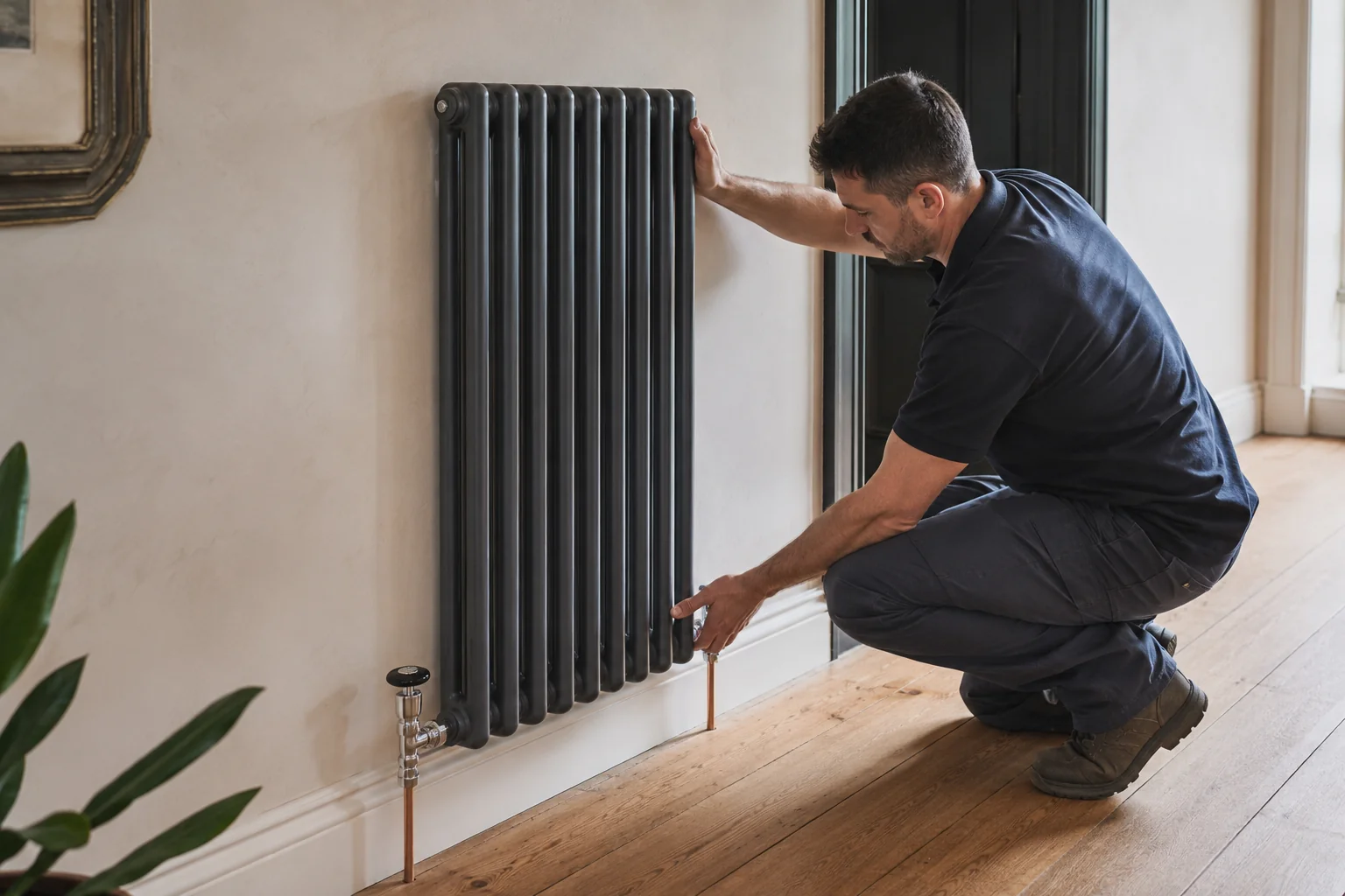 Plumber fitting a new radiator during a replacement in Donegal