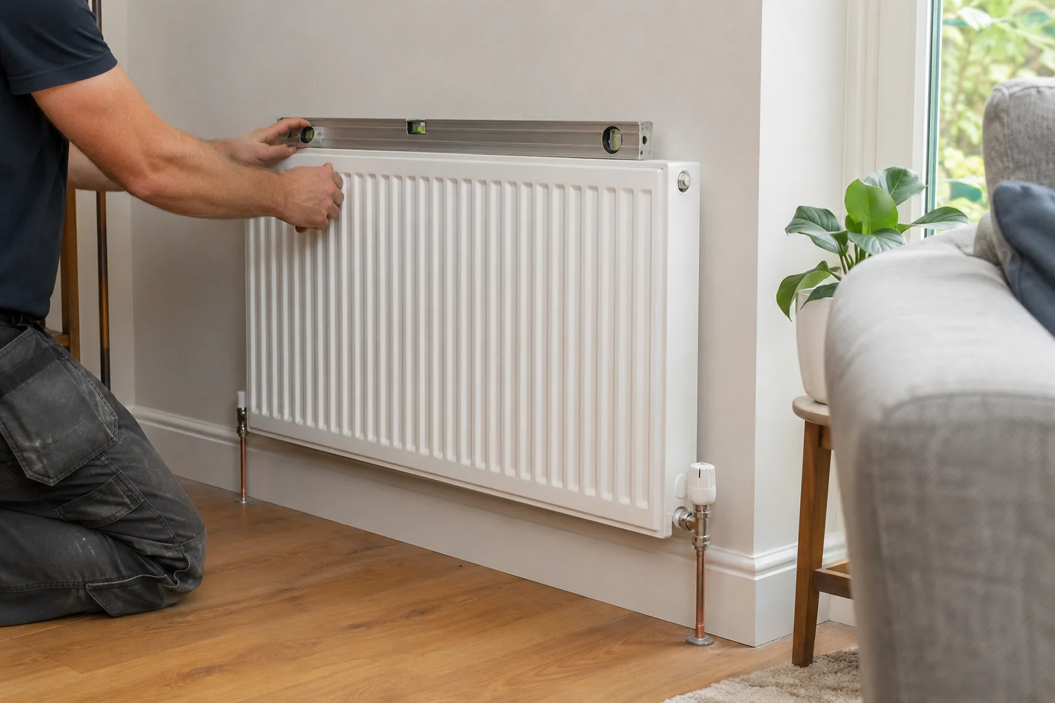 Vertical designer column radiator on a feature wall in an Irish living room