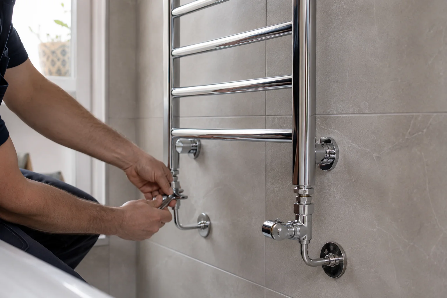 Chrome heated towel rail fitted in an Irish bathroom