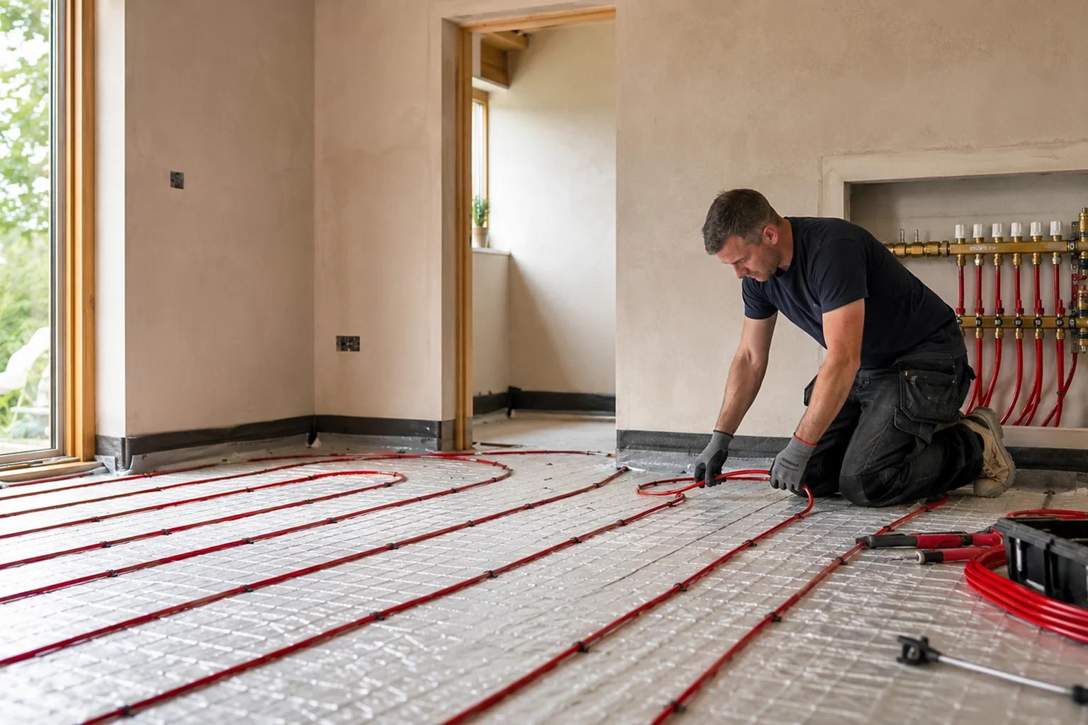 Underfloor heating pipe loops clipped to insulation before the screed pour