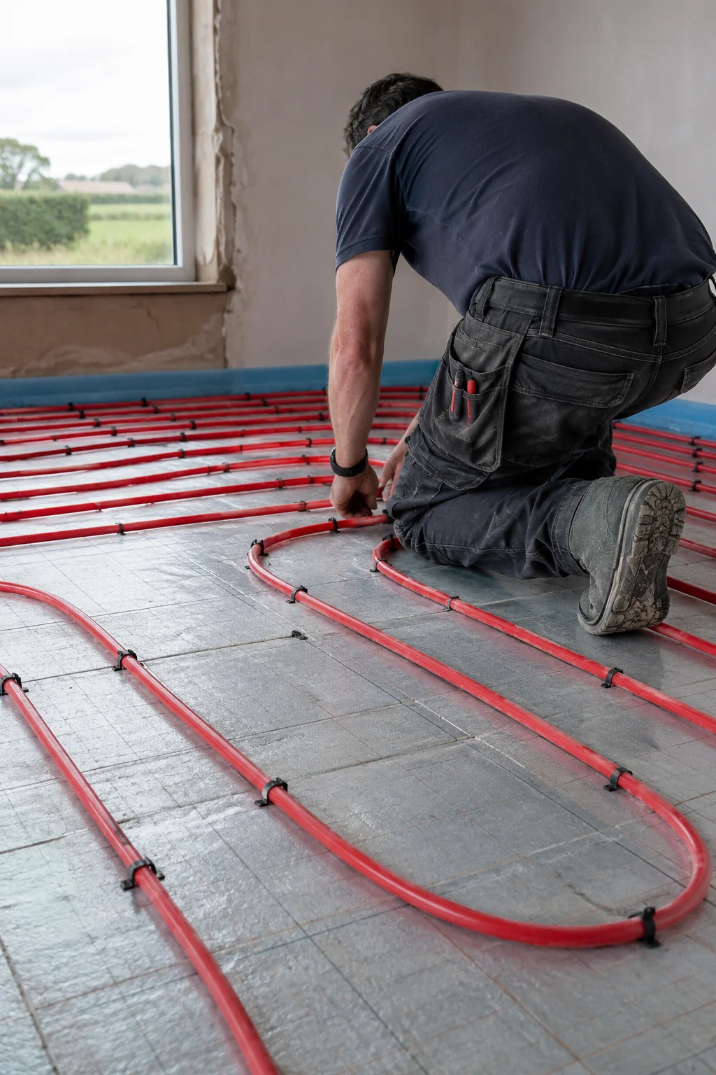 Underfloor heating pipework laid out ready for the screed at an Irish home