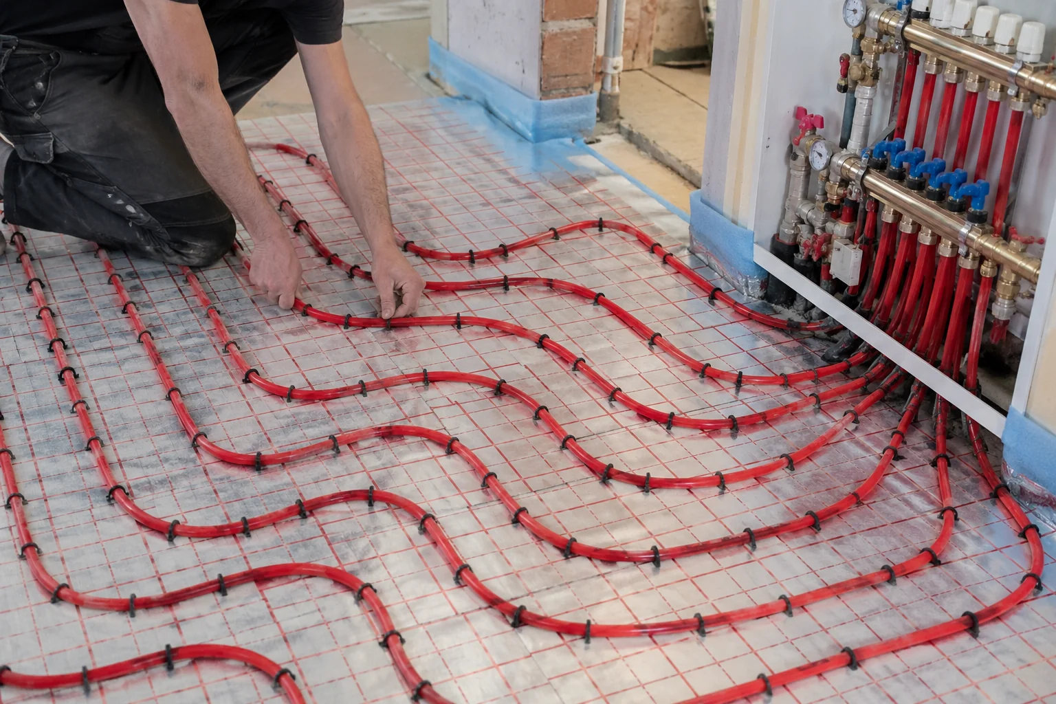 Wet underfloor heating pipe loops clipped out before the screed pour