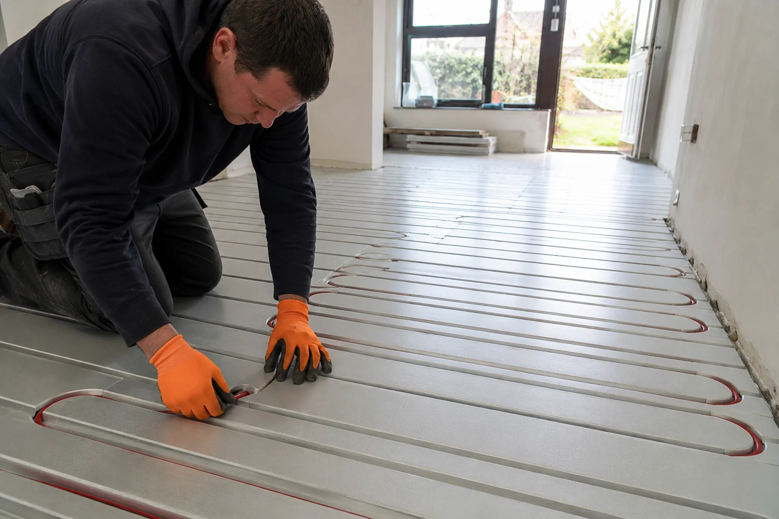 Low-profile underfloor heating overlay board fitted over an existing floor