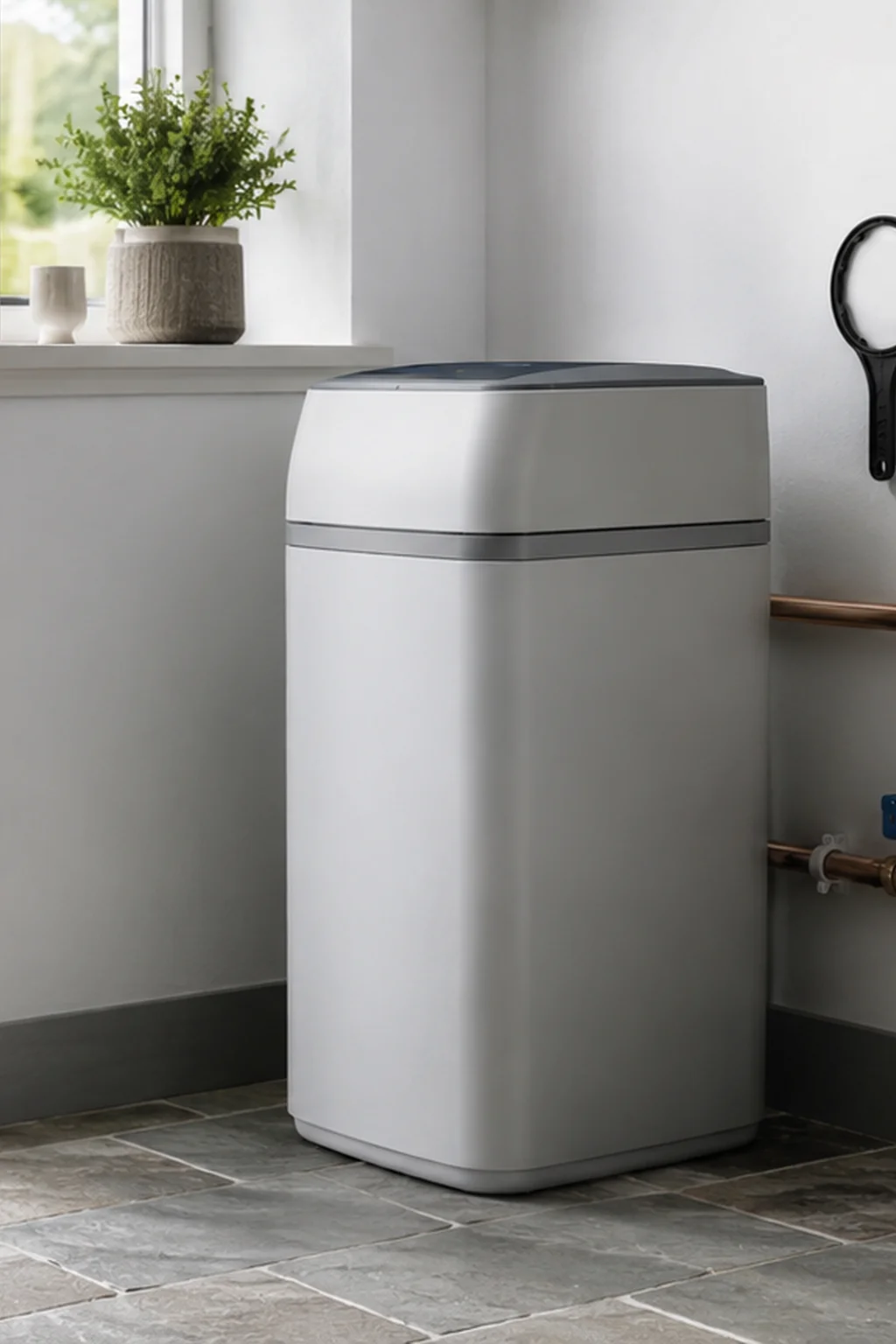 Water softener plumbed into the rising main in an Irish utility room