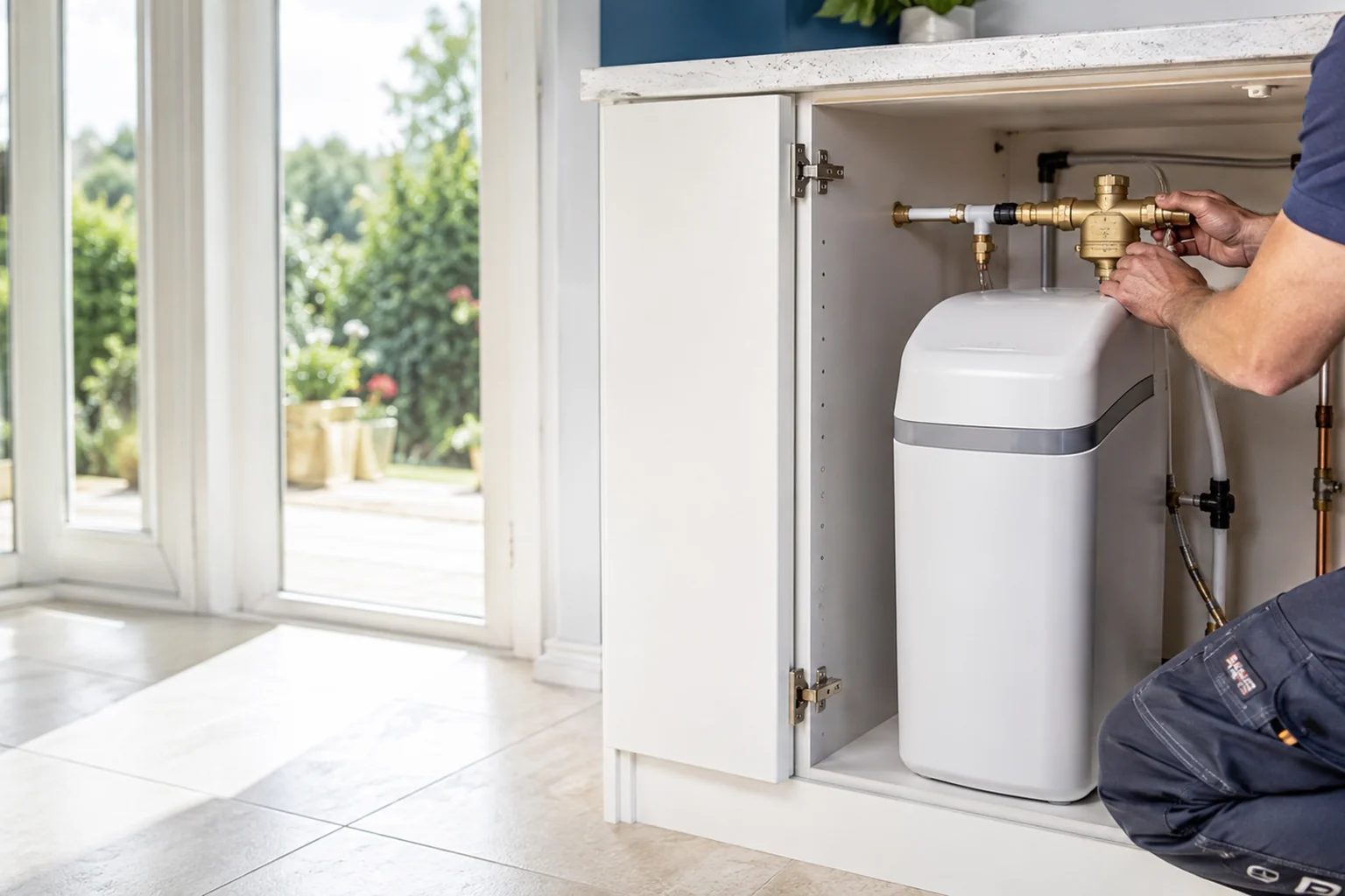 Plumber fitting a bypass valve on a water softener installation
