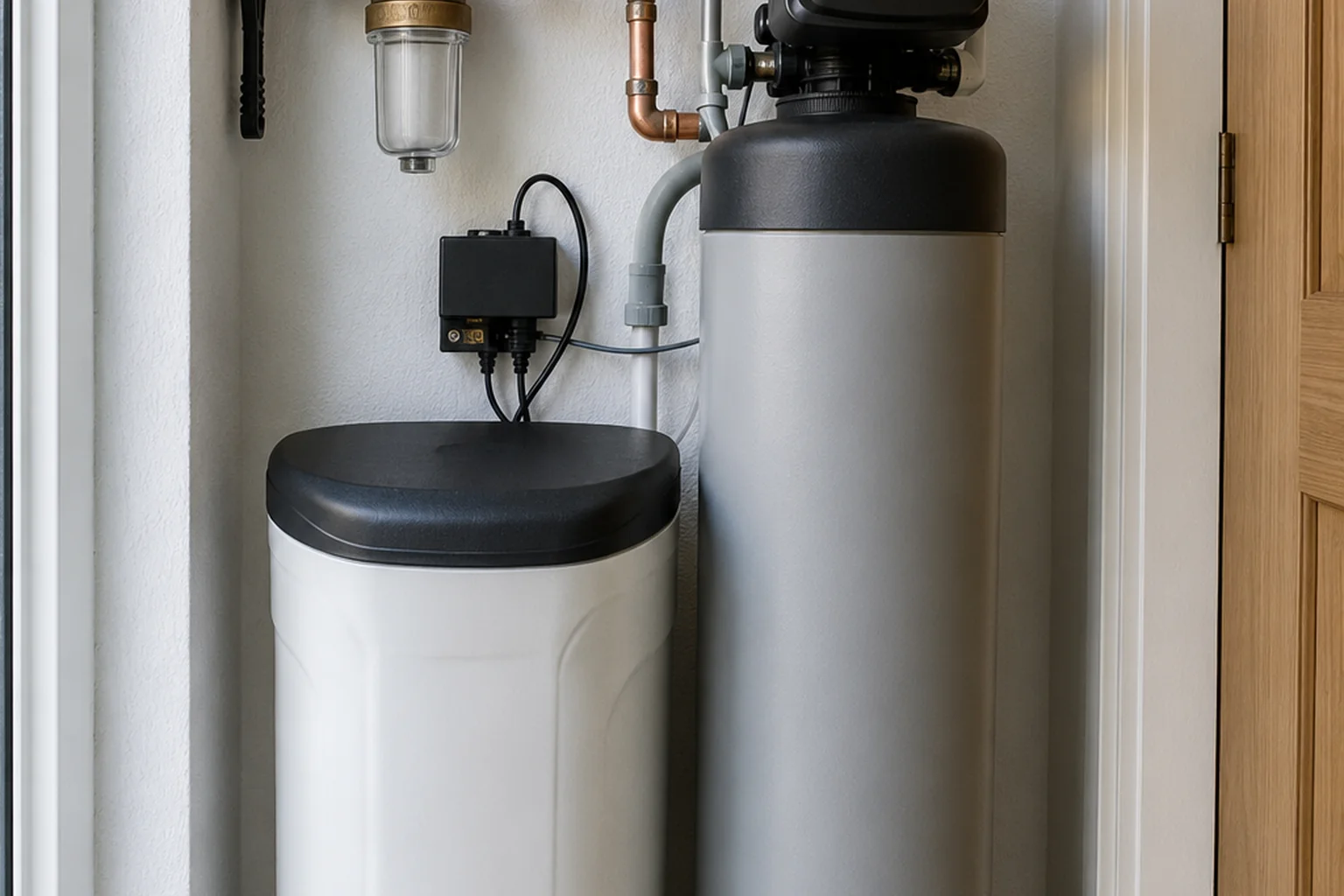 Compact water softener unit fitted in a tight apartment press