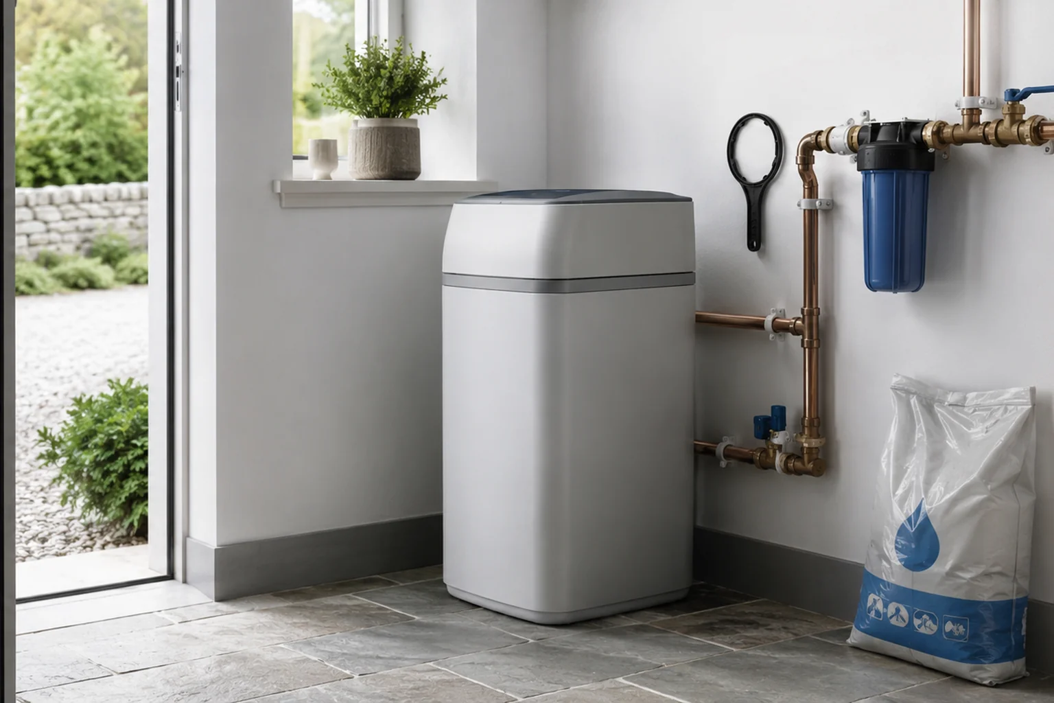 Plumber fitting a water softener in a home in Roscommon