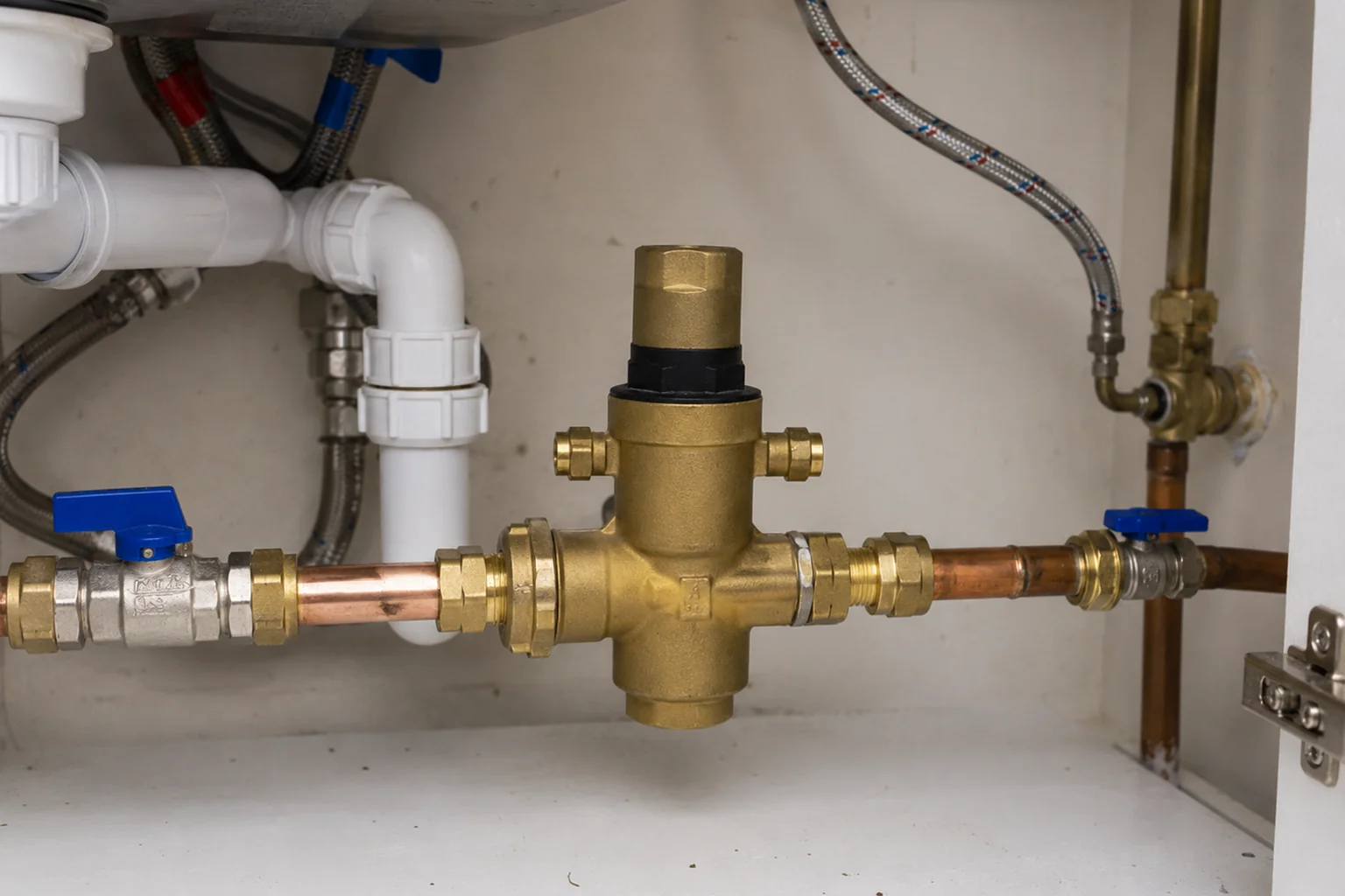 Inline scale reducer and filter cartridge fitted on a mains pipe