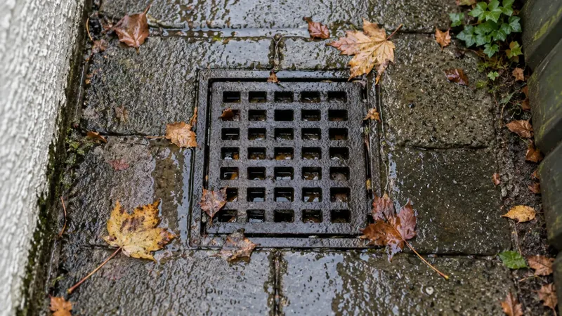 An outside drain grate with autumn leaves