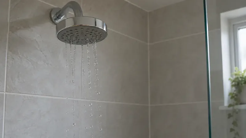 A shower head running in a tiled bathroom
