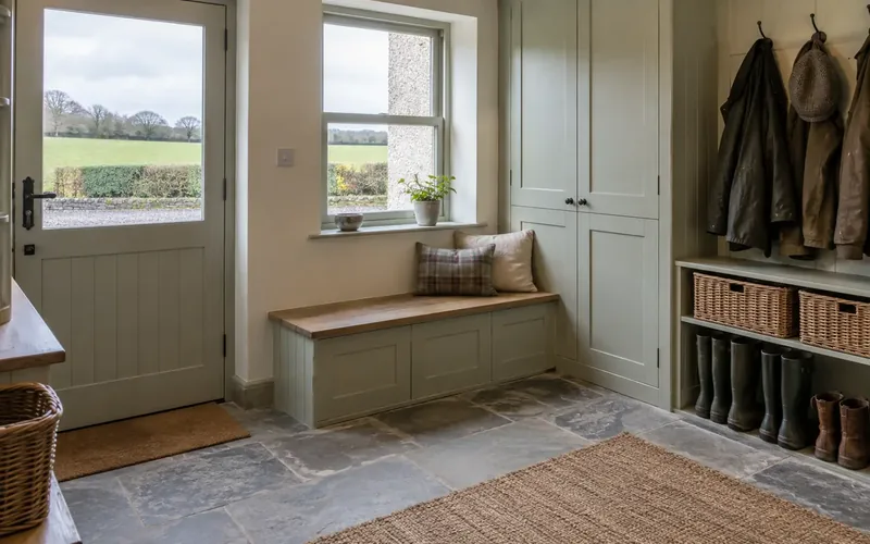 A boot room with a stable door in a rural Irish home