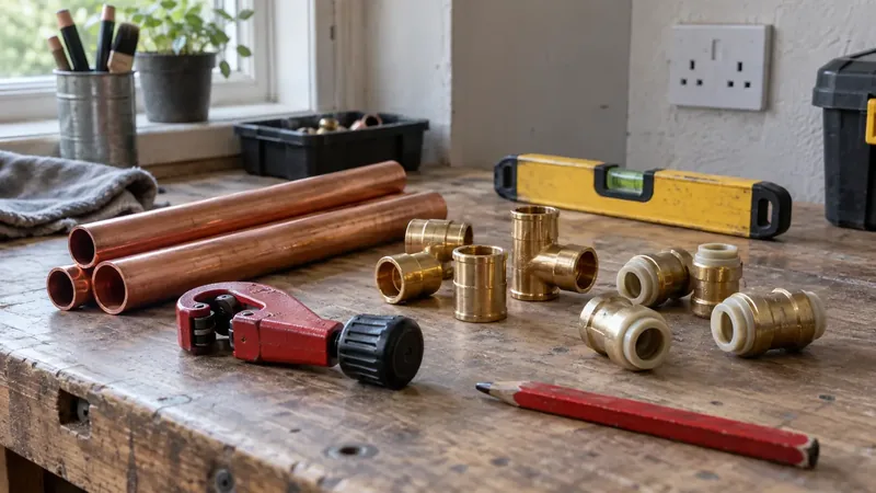 Copper pipe and brass fittings on a plumber’s workbench