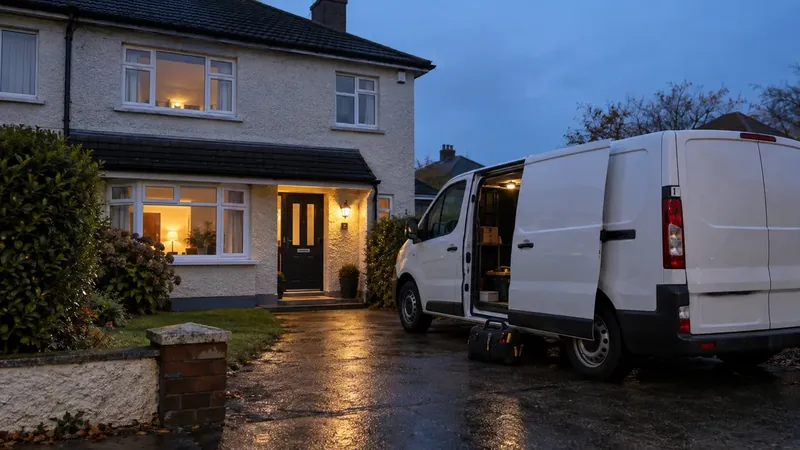 A plumber’s van outside a house at dusk in Ireland