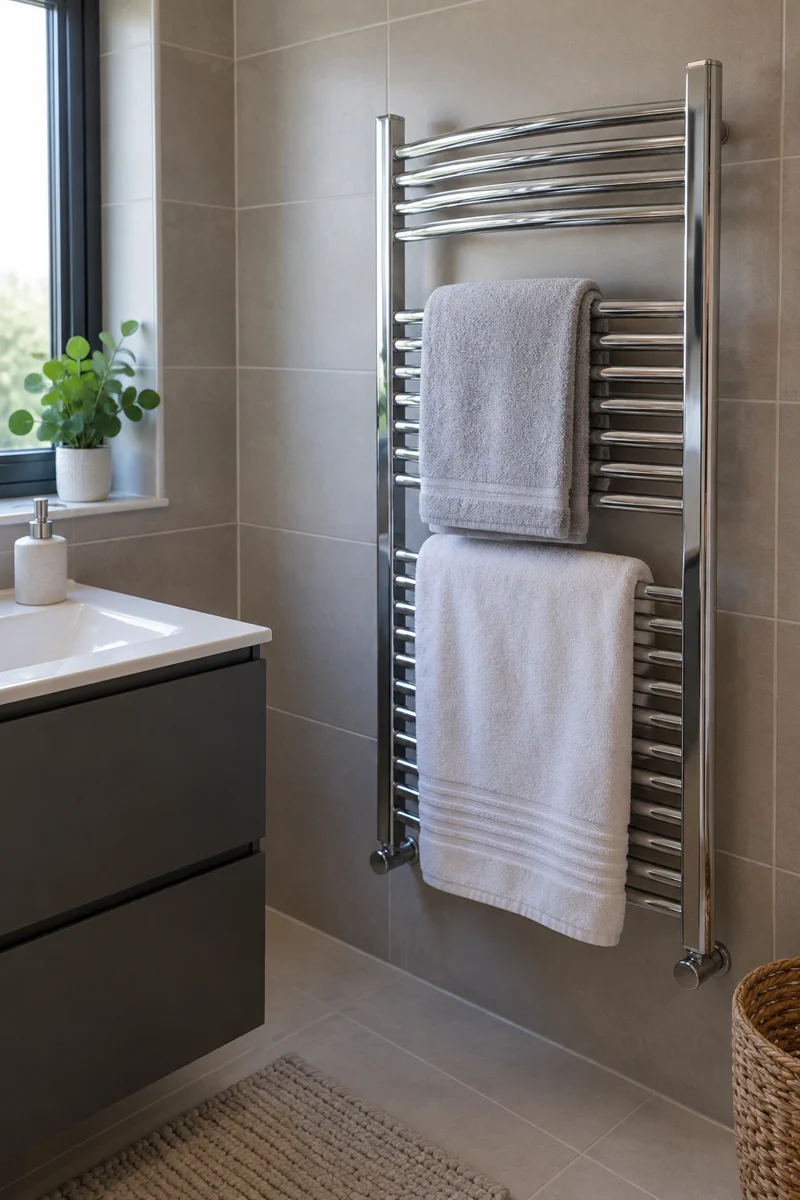 A heated towel rail in a finished bathroom