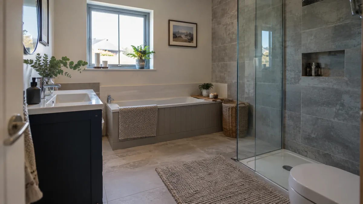 A finished modern bathroom with a walk-in shower in an Irish home