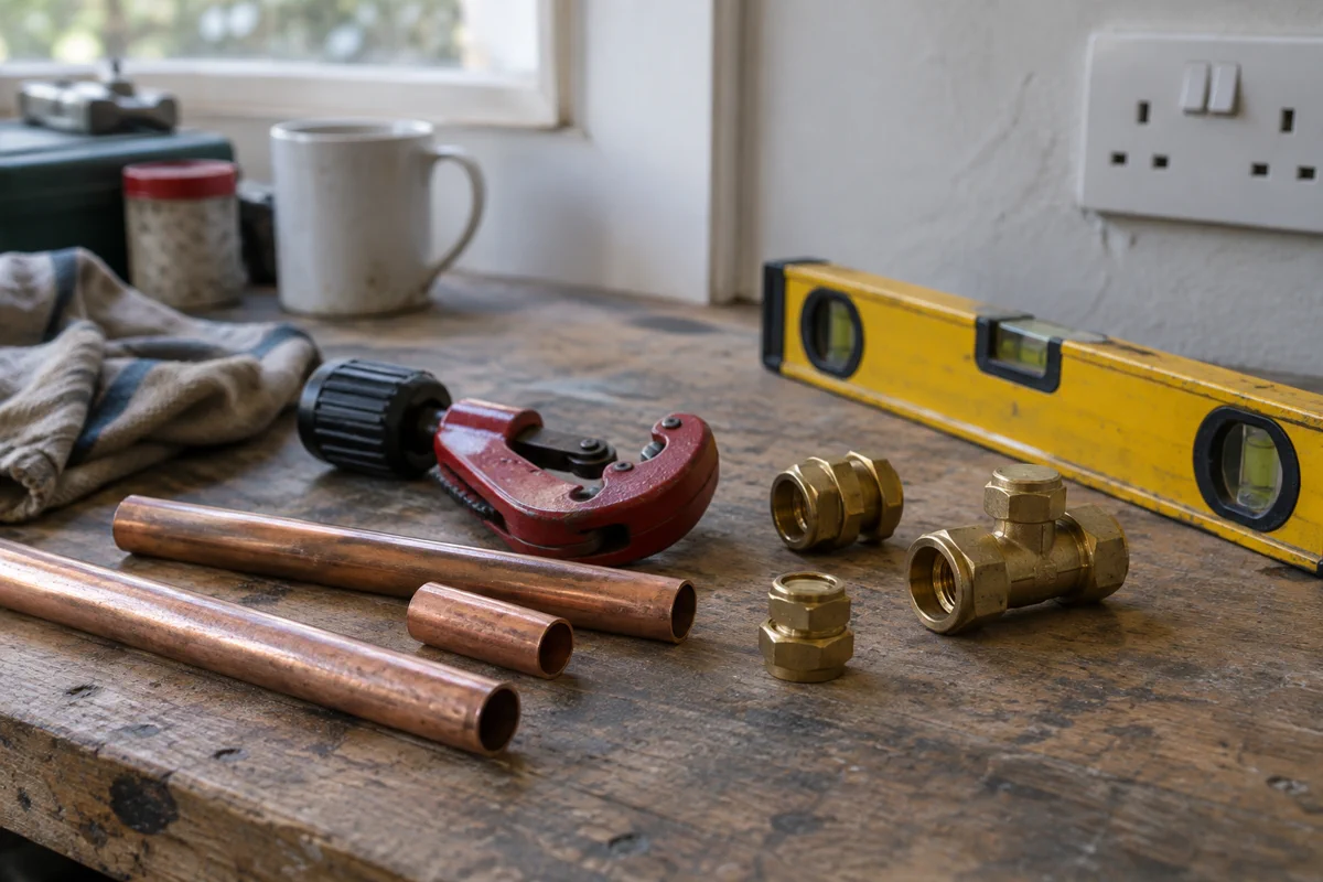 Copper pipe and brass fittings on a plumber’s workbench