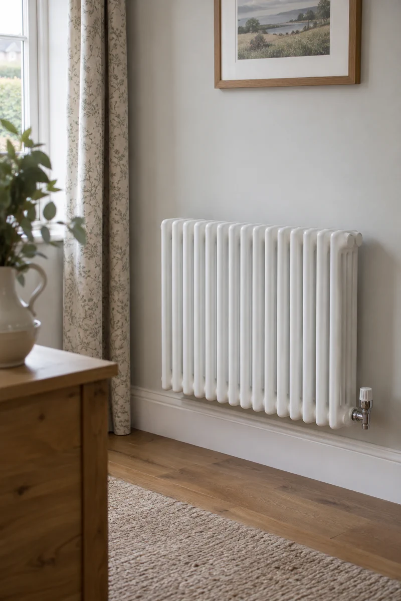 A finished column radiator on a wall with a TRV in an Irish home