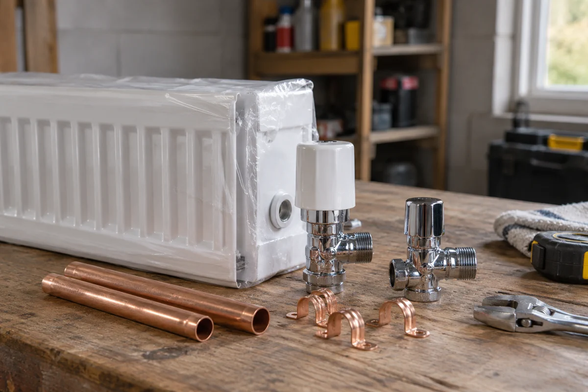 A radiator, valves and copper pipe laid out on a bench
