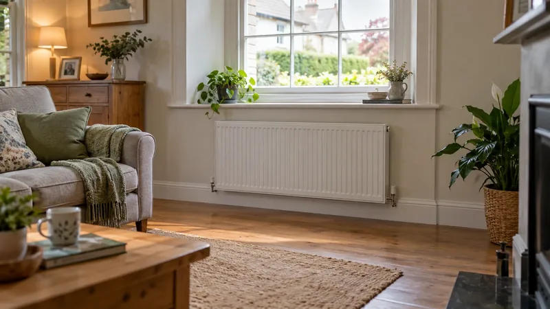 A finished panel radiator under a window in an Irish home