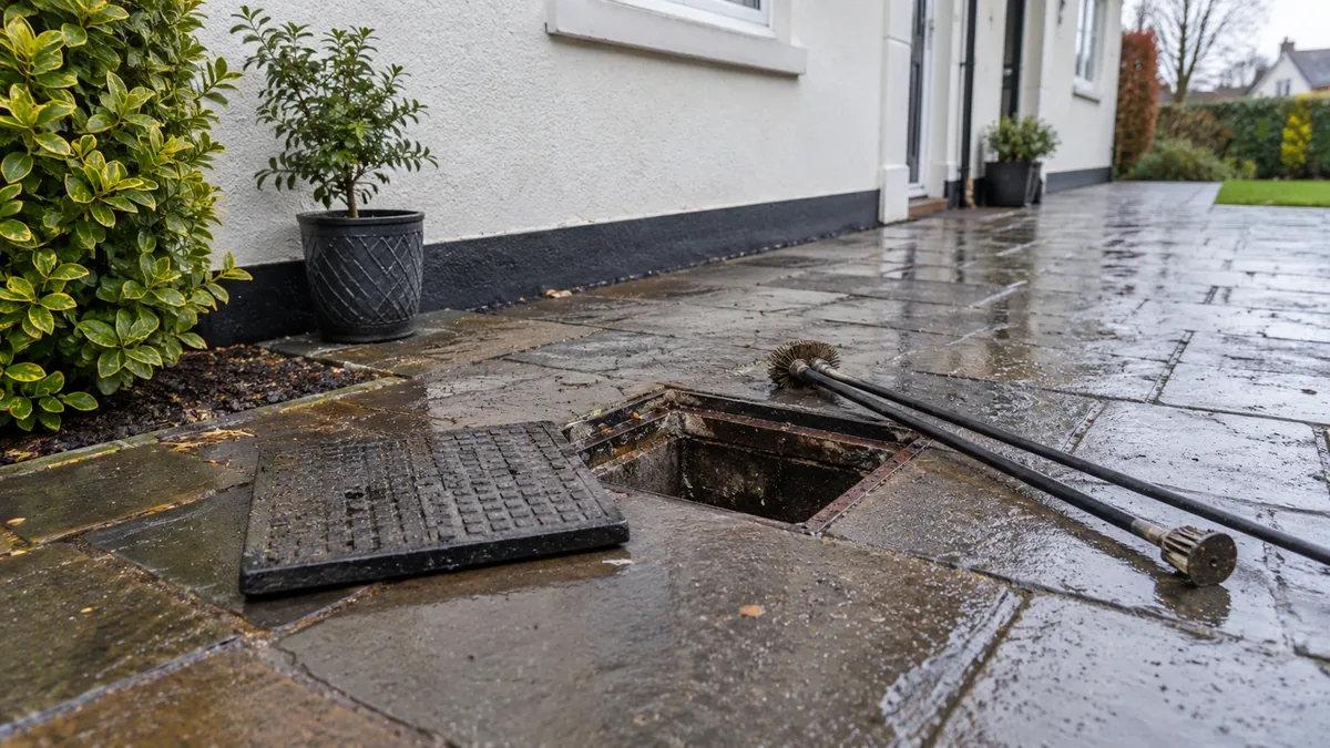 A plumber clearing a blocked outside drain at a house in Ireland