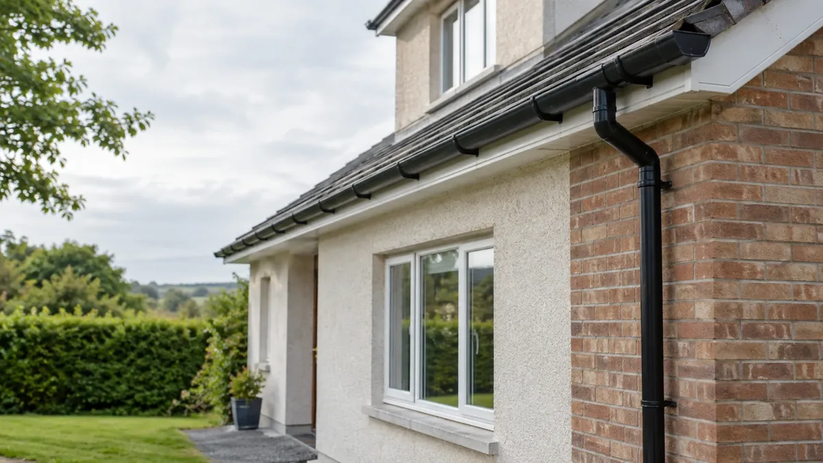 A plumber clearing a blocked gutter on a two-storey Irish home